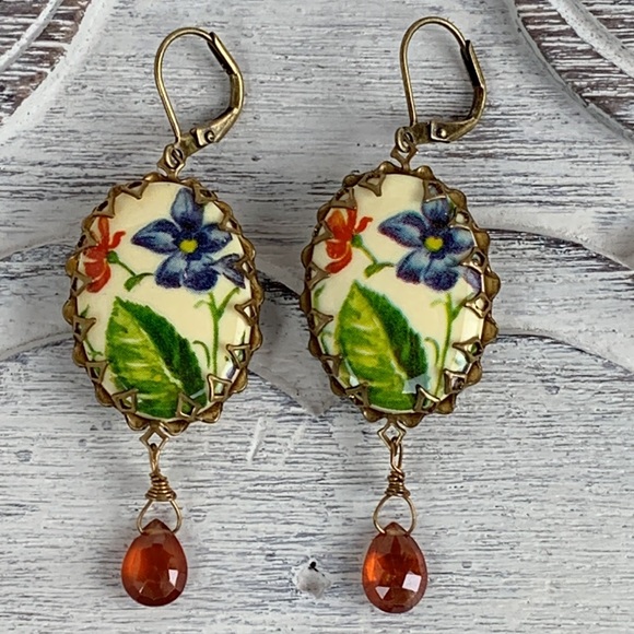 Vintage Flower Floral Botanical Hessonite Garnet Gemstone Dangle Drop Earrings - Picture 2 of 7